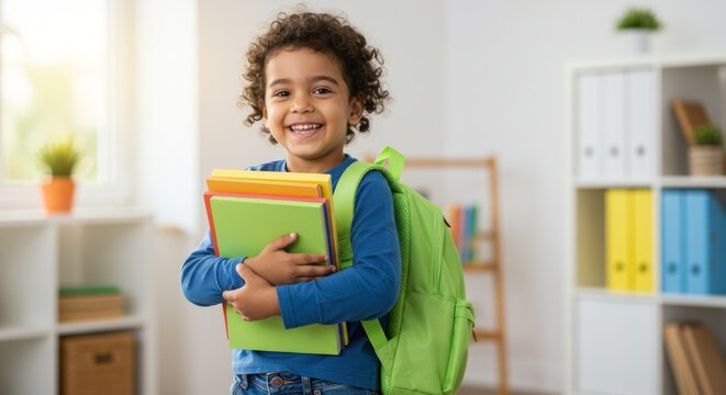 Smiling child with backpack holding books in a bright room.
