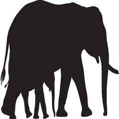 Silhouette of an adult elephant walking with a baby elephant on a white background plain shot