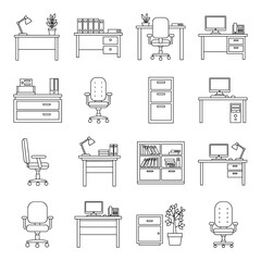 A comprehensive collection of office furniture and workplace equipment line art icons. Vector set of desk, chair, and computer illustrations.