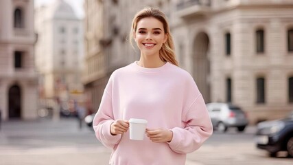 Cheerful young woman holds a warm drink and smiles while taking a walk down a vibrant urban street, showcasing a relaxed style