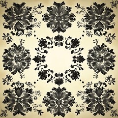 Ornate damask pattern, black floral design on beige background