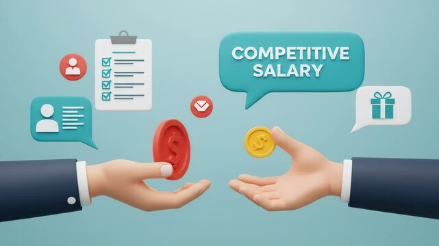 Competitive Salary and attractive benefits package shown as a fair job offer concept between two business hands, symbolizing modern employment and compensation negotiation during recruitment.