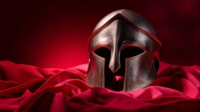Bronze Spartan helmet resting on red fabric with dramatic lighting