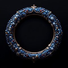 Ornate dark blue circular frame with gold detailing and gemstone accents