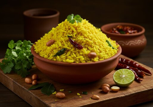Traditional Indian poha with peanuts, curry leaves, and dried chilies in a clay bowl