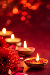 Lit oil lamps and red flowers. Traditional Diwali decoration. Festive background for Indian holiday celebration.