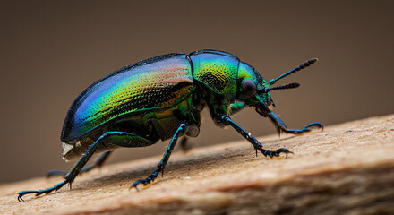 Naklejka premium Iridescent Jewel Scarab Beetle Closeup Vibrant Green Blue Hues on Wood.