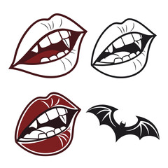 Obraz premium Illustration of three vampire mouth designs with fangs and a bat silhouette on a white background