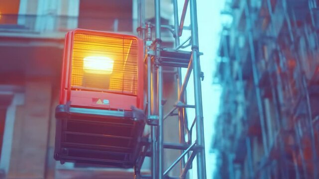 Construction elevator on scaffolding in city, exterior, night.