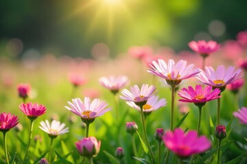 Obraz premium Vibrant Pink and White Mayflower Wildflowers Blooming in a Sun-Drenched Meadow, Perfect Spring Floral Background for Websites and Publications