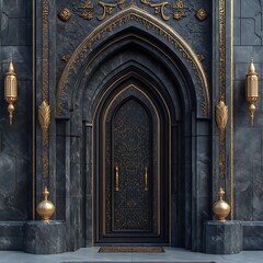 Ornate dark grey marble doorway with gold accents