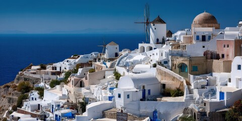 Whitewashed buildings cling to a cliffside overlooking a vivid blue sea. Traditional windmills stand tall against a bright sky.