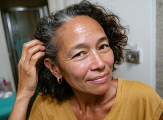 Obraz premium Closeup of a woman's hand with gray hair holding a standard scale in a bright room