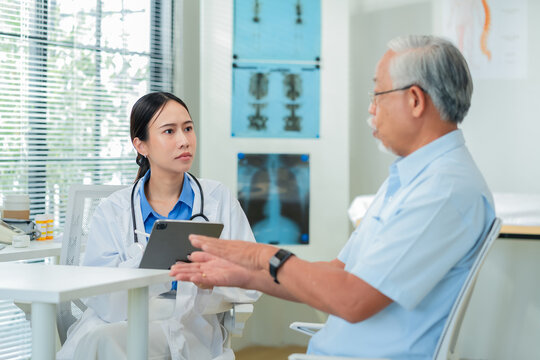 Senior man receives chiropractic neck adjustment for effective neck pain relief and injury rehabilitation. Professional chiropractor treats elderly patient suffering from chronic shoulder pain using o - Powered by Adobe