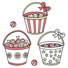 Illustration of three candy filled buckets decorated with bows stripes stars and wheel patterns