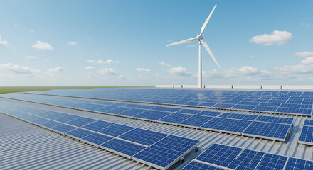 Solar panels mounted on a factory's metal sheet roof with a wind turbine