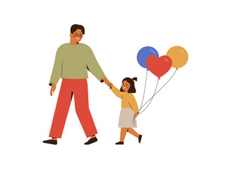 Father and daughter walking with balloons. Happy dad and girl kid celebrate holiday, hold helium baloons in hands. Family event or weekend together with child. Vector illustration