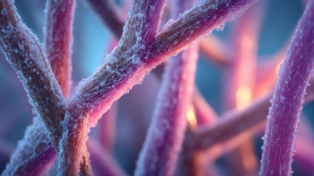 Close-up of a network of organic strands with bright, soft lighting.