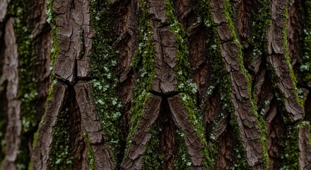 Obraz premium Detailed Close-Up Wood Bark With Green Moss
