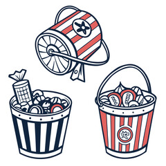 Illustration of a striped lottery drum and two buckets filled with prizes and lottery tickets