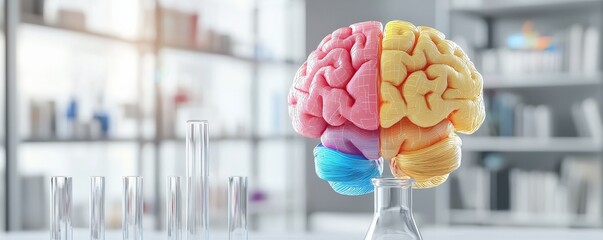 Innovation lab creativity brainstorm concept. Colorful brain model displayed with laboratory equipment in background.