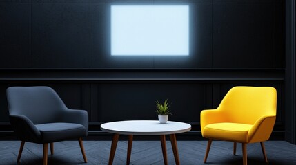 Innovation lab creativity brainstorm concept. Modern seating arrangement with contrasting chairs and a minimalist decor.