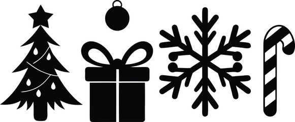 Christmas Vector Icons Set: Tree, Gift, Snowflake & Candy Cane