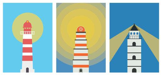 Lighthouse poster set. Flat vector illustration.