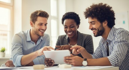 Three people working together on a digital tablet in a modern office setting.