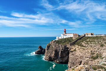Lighthouse at Cabo de Sao Vicente, Algarve, Portugal. Cape of St. Vincent, the extreme southwesternmost point in Europe