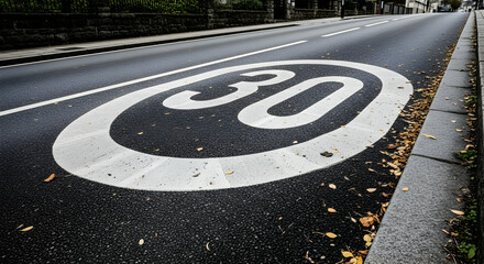 30 Speed Limit Painted on Urban Road Surface with Autumn Leaves Scattered Around