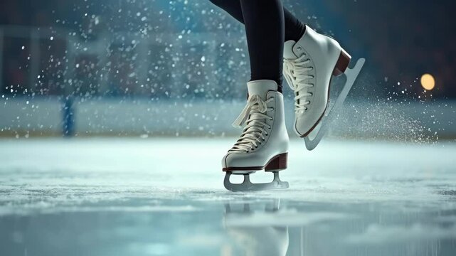 Extreme close-up of figure skates spinning and carving the ice, creating a spray of shavings on the rink.
