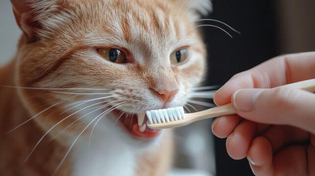 Orange tabby cat receiving dental care as a person gently brushes its teeth with a soft toothbrush, showcasing the importance of pet hygiene and health maintenance