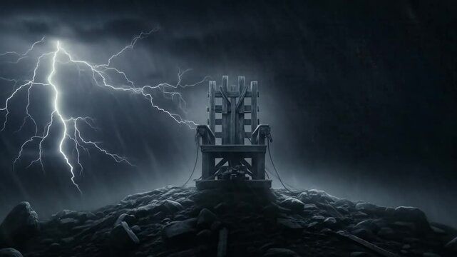 An electric chair sits atop a rocky hill during a thunderstorm, illuminated by lightning.