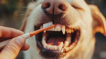 Happy dog with open mouth is having its teeth brushed by a person using a toothbrush, showcasing pet dental care and the bond between human and animal in a natural outdoor setting