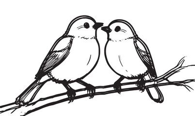 "Minimal Black and White Line Art of Two Birds on Branch – Vector Illustration"