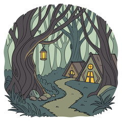 Illustration of a forest scene with two small houses a path a lantern and several trees in a circle