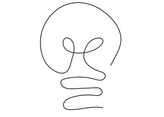 Modern minimalist lightbulb illustration drawn in one continuous black line. Perfect for concepts of ideas, creativity, innovation, and design.