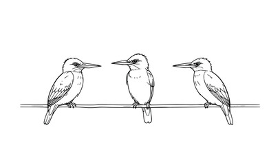 "Black and White Vector Sketch of Three Birds on Wire – Minimal Line Art"