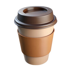 Realistic 3d render of a coffee cup with brown lid and sleeve isolated on transparent background