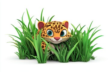 Ocelot sneaking through grass 3d cartoon character on white background
