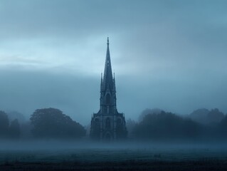 Gothic church shrouded in mist, a serene and mysterious scene.