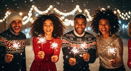 A group of five people holding sparklers at a winter holiday party.