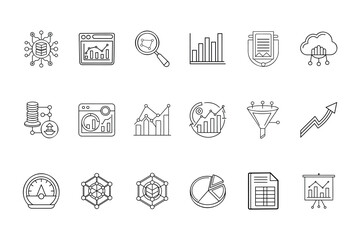 Comprehensive Data Analytics Icons for Business Strategy and Statistics Reports