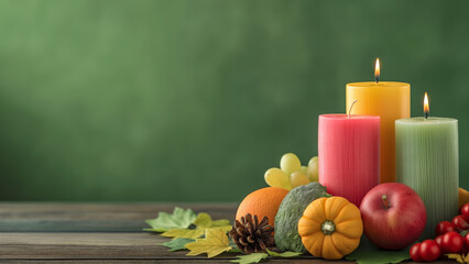 Festive autumn arrangement with colorful candles, fresh fruit, vegetables, and fall leaves on a rustic wooden table. Holiday background.