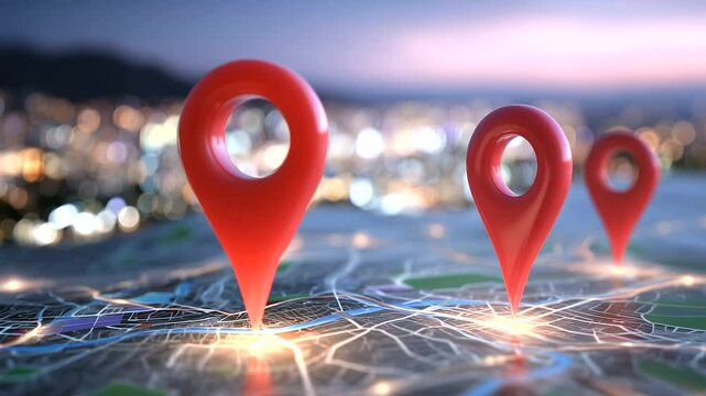 Overhead view of a vibrant urban map featuring two red pins marking tourist attractions, with subtle shadows and light reflections enhancing the tech and travel app vibe