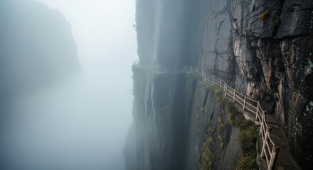 Cliff Side Path Through Mist and Majestic Mountain Views