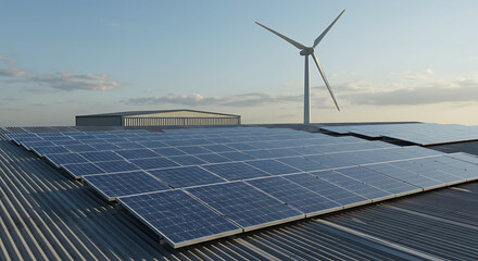 Solar panels mounted on a factory's metal sheet roof with a wind turbine