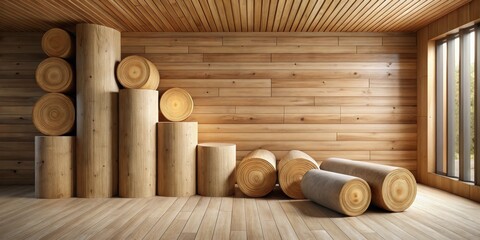 Wooden Cylinders and Logs Arranged in a Room with Wooden Walls and Floor
