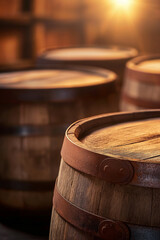 Old wooden barrel with rusty metal hoops in a dim cellar. Authentic vintage cask for storage of wine or whiskey.